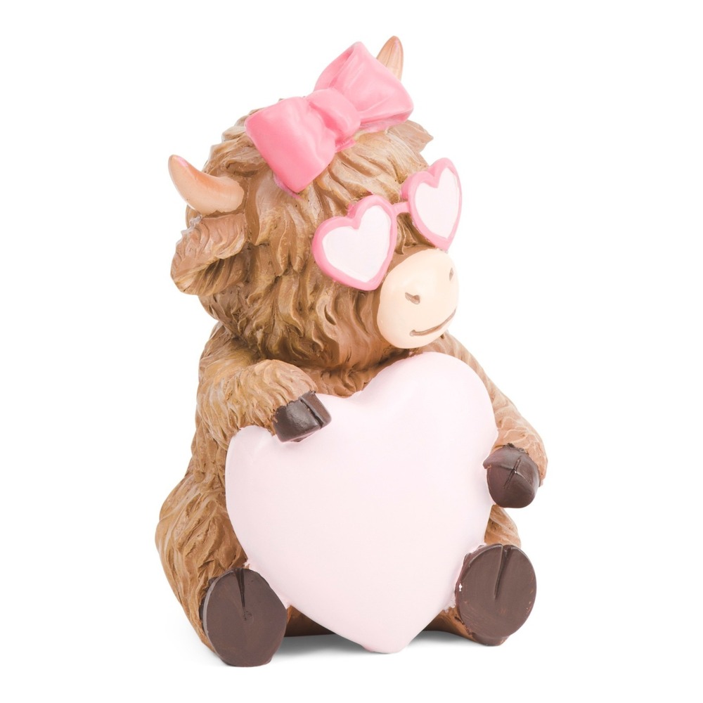 Bella Lux Valentines Day Decor HIGHLAND COW with Pink Heart & Bow - 5"x 8.5"